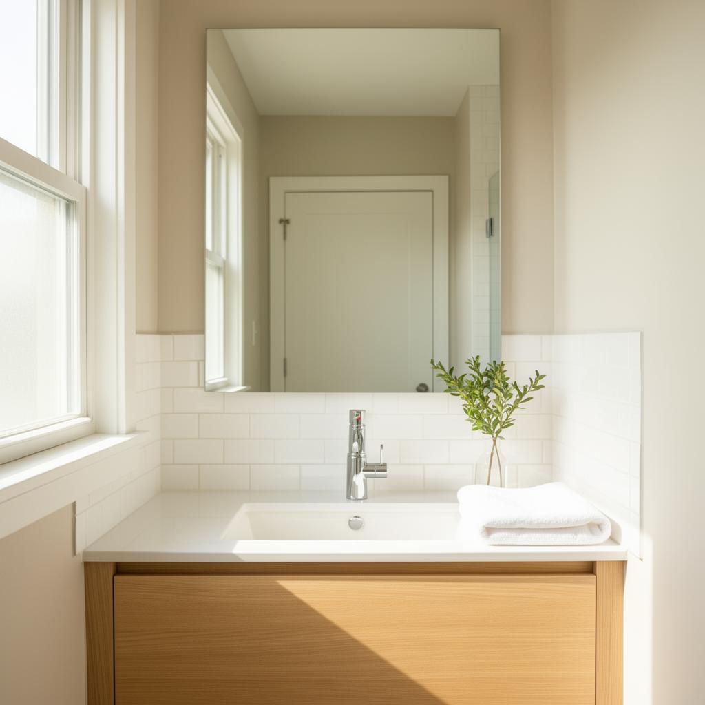 Same bathroom after cleaning, sparkling mirror and tidy counter