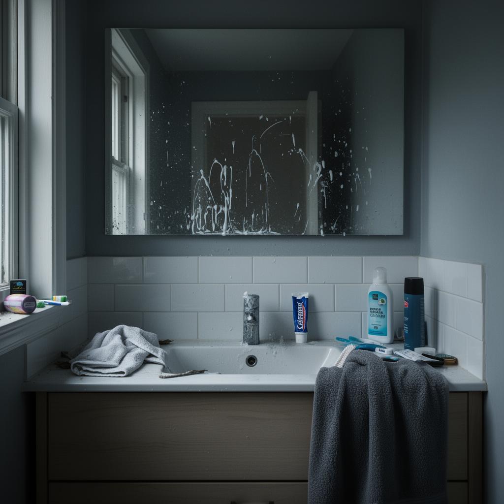 Cluttered bathroom before cleaning, water spots on mirror and towels on counter